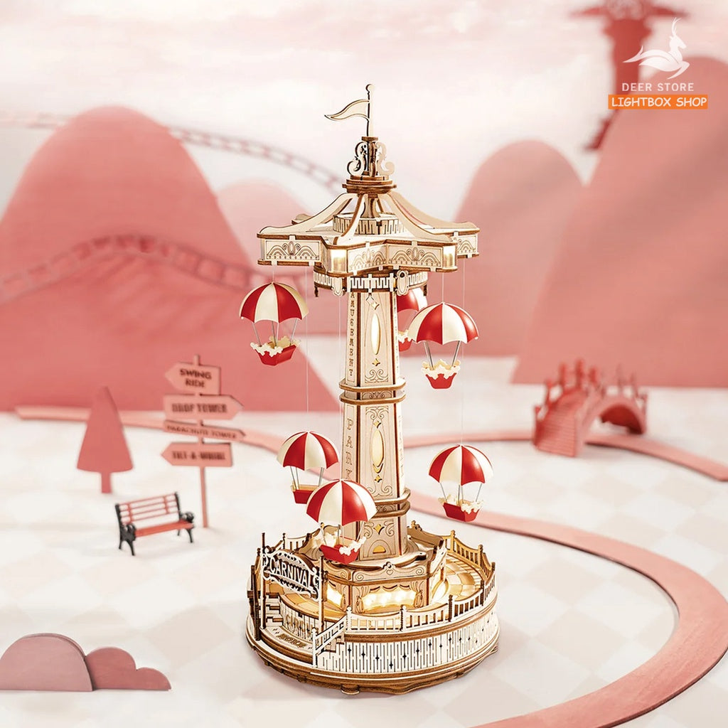 Đồ chơi lắp ráp gỗ 3D Parachute Tower DIY Music Box. Hộp Âm nhạc Robotime và Chuyển động lên xuống EA01 HD Tiếng Anh