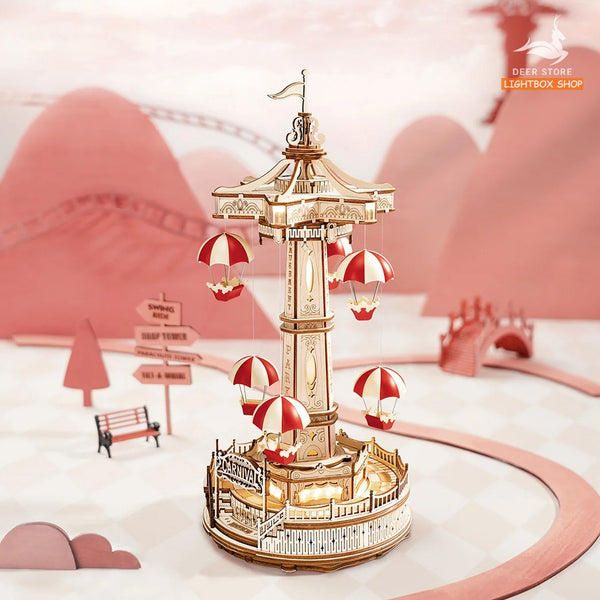 Đồ chơi lắp ráp gỗ 3D Parachute Tower DIY Music Box. Hộp Âm nhạc Robotime và Chuyển động lên xuống EA01 HD Tiếng Anh