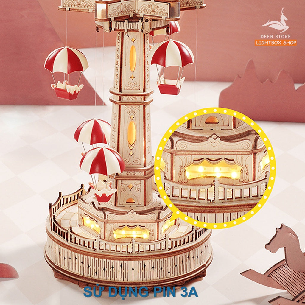 Đồ chơi lắp ráp gỗ 3D Parachute Tower DIY Music Box. Hộp Âm nhạc Robotime và Chuyển động lên xuống EA01 HD Tiếng Anh