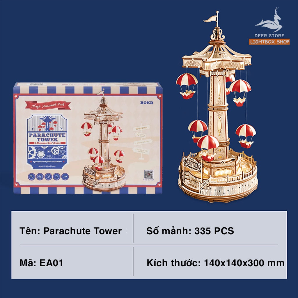 Đồ chơi lắp ráp gỗ 3D Parachute Tower DIY Music Box. Hộp Âm nhạc Robotime và Chuyển động lên xuống EA01 HD Tiếng Anh