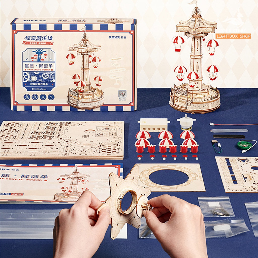 Đồ chơi lắp ráp gỗ 3D Parachute Tower DIY Music Box. Hộp Âm nhạc Robotime và Chuyển động lên xuống EA01 HD Tiếng Anh