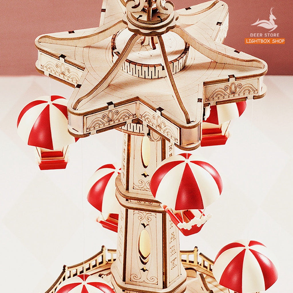 Đồ chơi lắp ráp gỗ 3D Parachute Tower DIY Music Box. Hộp Âm nhạc Robotime và Chuyển động lên xuống EA01 HD Tiếng Anh