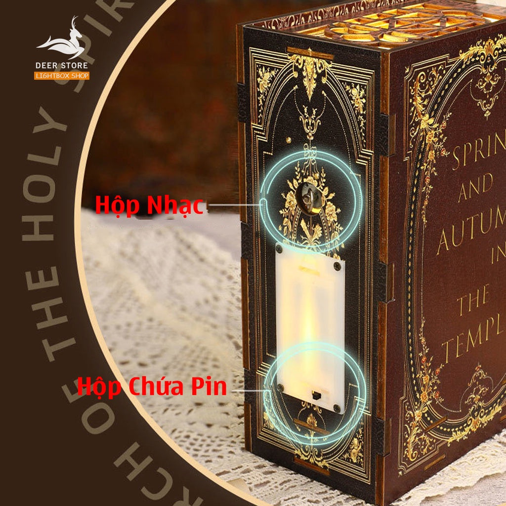 Mô hình 3d Book Nook trang trí giá sách chủ đề Nhà thờ Vintage. SL005 Nhà Búp Bê DIY gỗ có Đèn led Tặng keo dán.