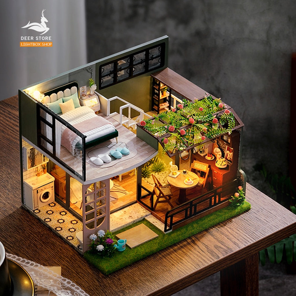 Nhà búp bê bằng gỗ tự làm. Tặng DỤNG CỤ - MICA CHE BỤI và KEO DÁN. Nhà mô hình DIY Half Of The Garden L035
