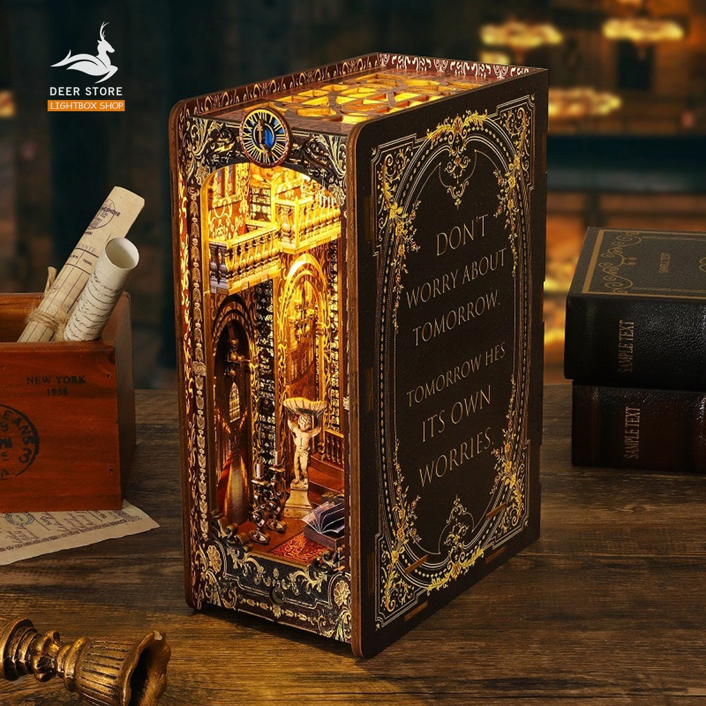 Mô hình 3d Book Nook trang trí giá sách chủ đề Nhà thờ Vintage. SL005 Nhà Búp Bê DIY gỗ có Đèn led Tặng keo dán.