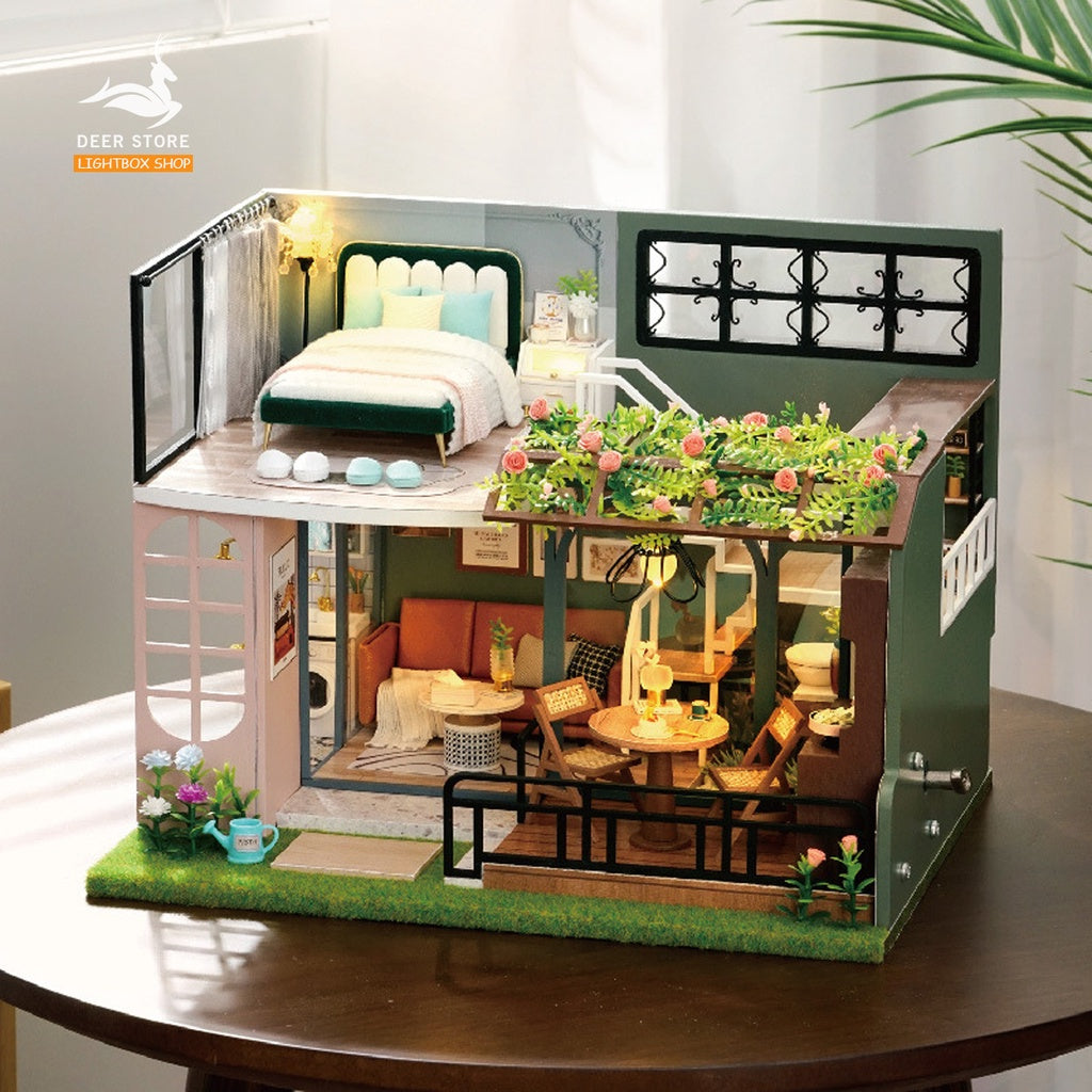 Nhà búp bê bằng gỗ tự làm. Tặng DỤNG CỤ - MICA CHE BỤI và KEO DÁN. Nhà mô hình DIY Half Of The Garden L035