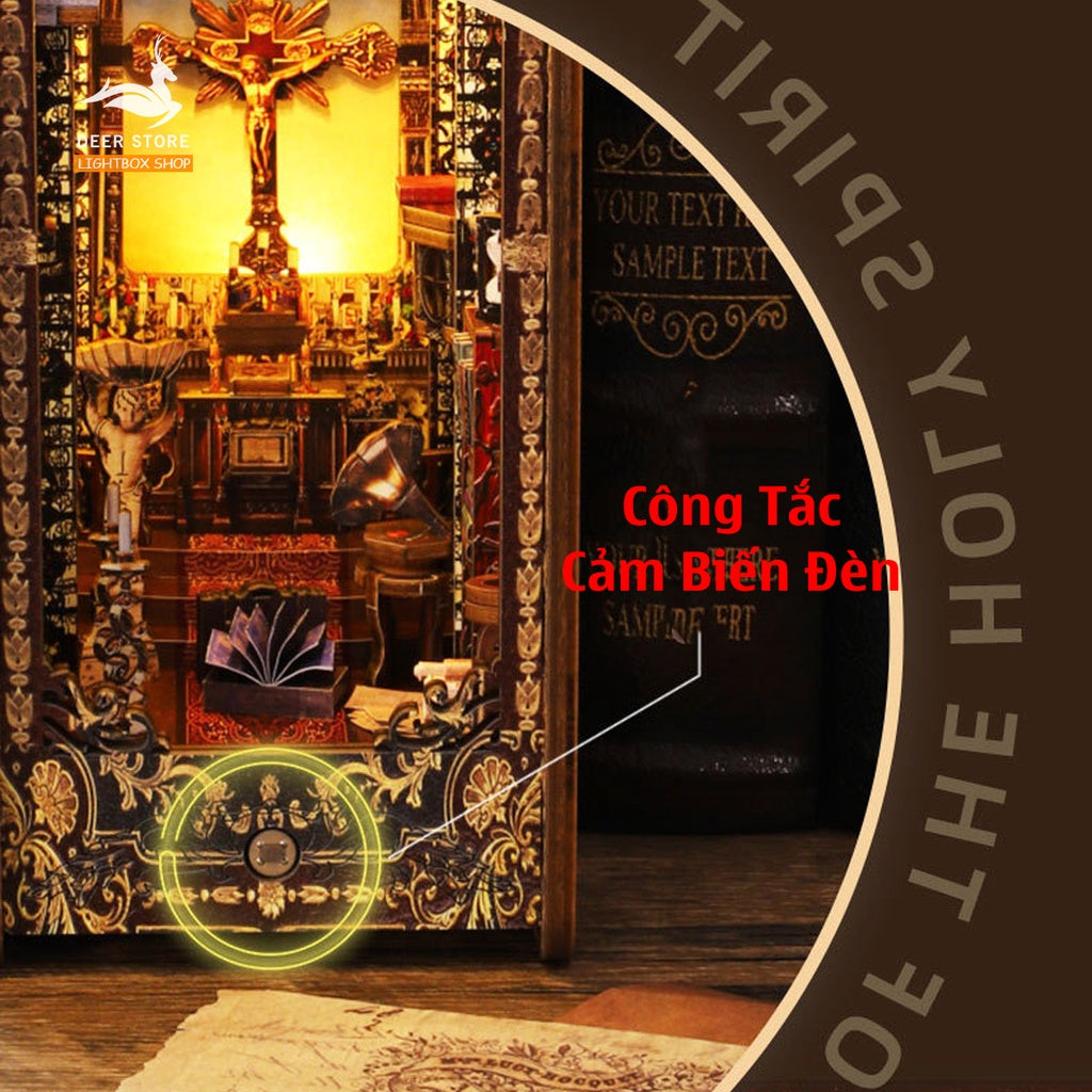 Mô hình 3d Book Nook trang trí giá sách chủ đề Nhà thờ Vintage. SL005 Nhà Búp Bê DIY gỗ có Đèn led Tặng keo dán.