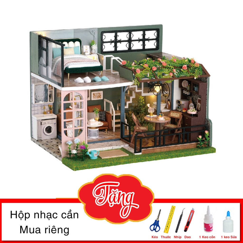 Nhà búp bê bằng gỗ tự làm. Tặng DỤNG CỤ - MICA CHE BỤI và KEO DÁN. Nhà mô hình DIY Half Of The Garden L035
