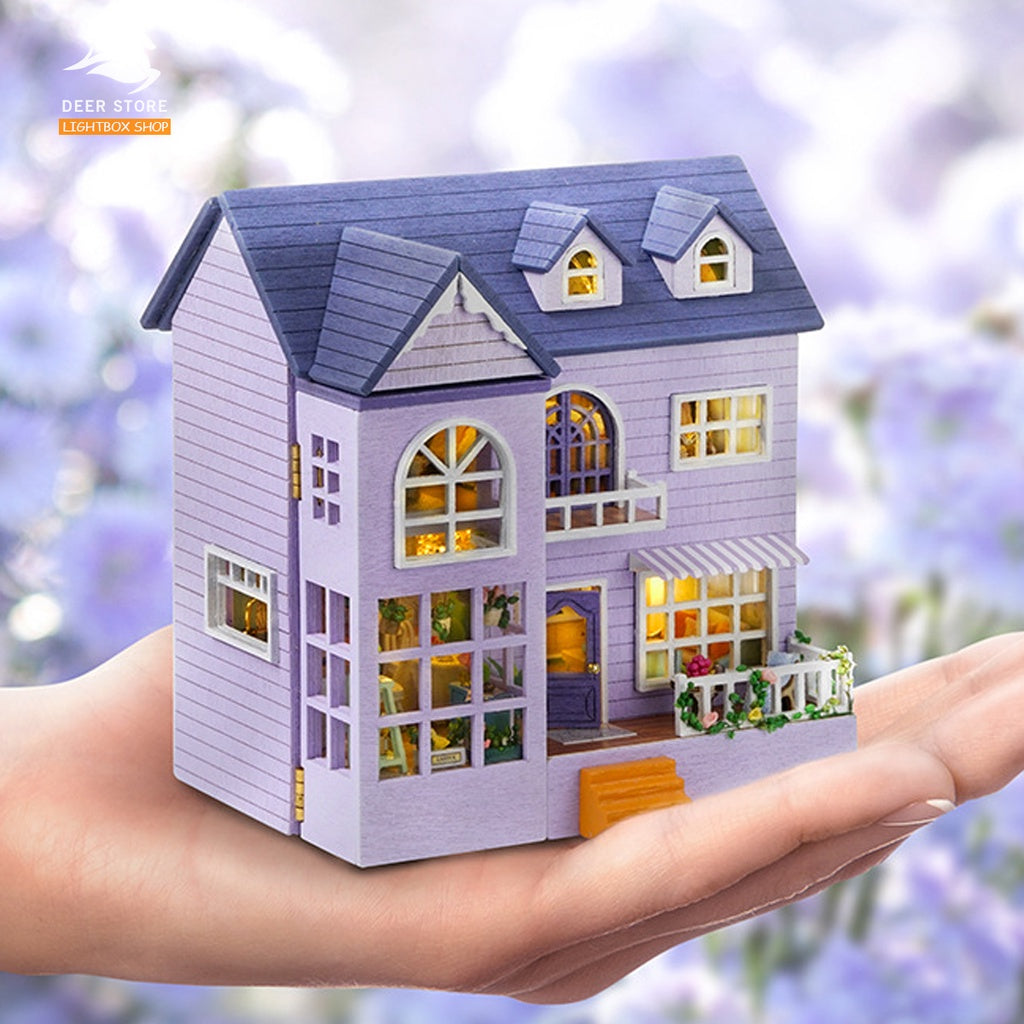 Nhà búp bê Mini diy tự làm Tặng KEO DÁN.  Mô hình Nhà Gỗ 3d Có đèn led và nội thất D031- D032