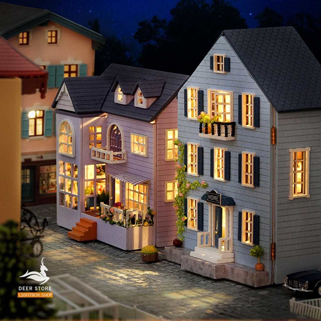 Nhà búp bê Mini diy tự làm Tặng KEO DÁN.  Mô hình Nhà Gỗ 3d Có đèn led và nội thất D031- D032