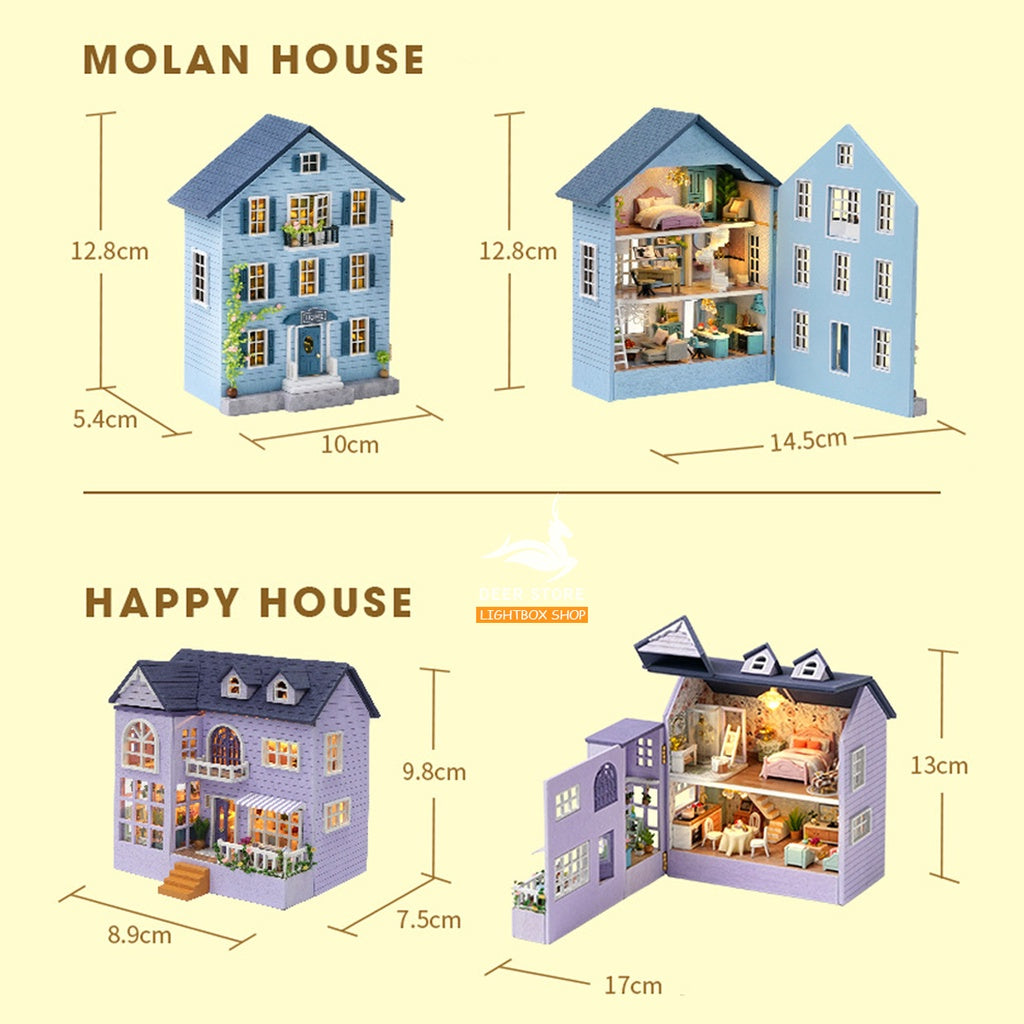 Nhà búp bê Mini diy tự làm Tặng KEO DÁN.  Mô hình Nhà Gỗ 3d Có đèn led và nội thất D031- D032
