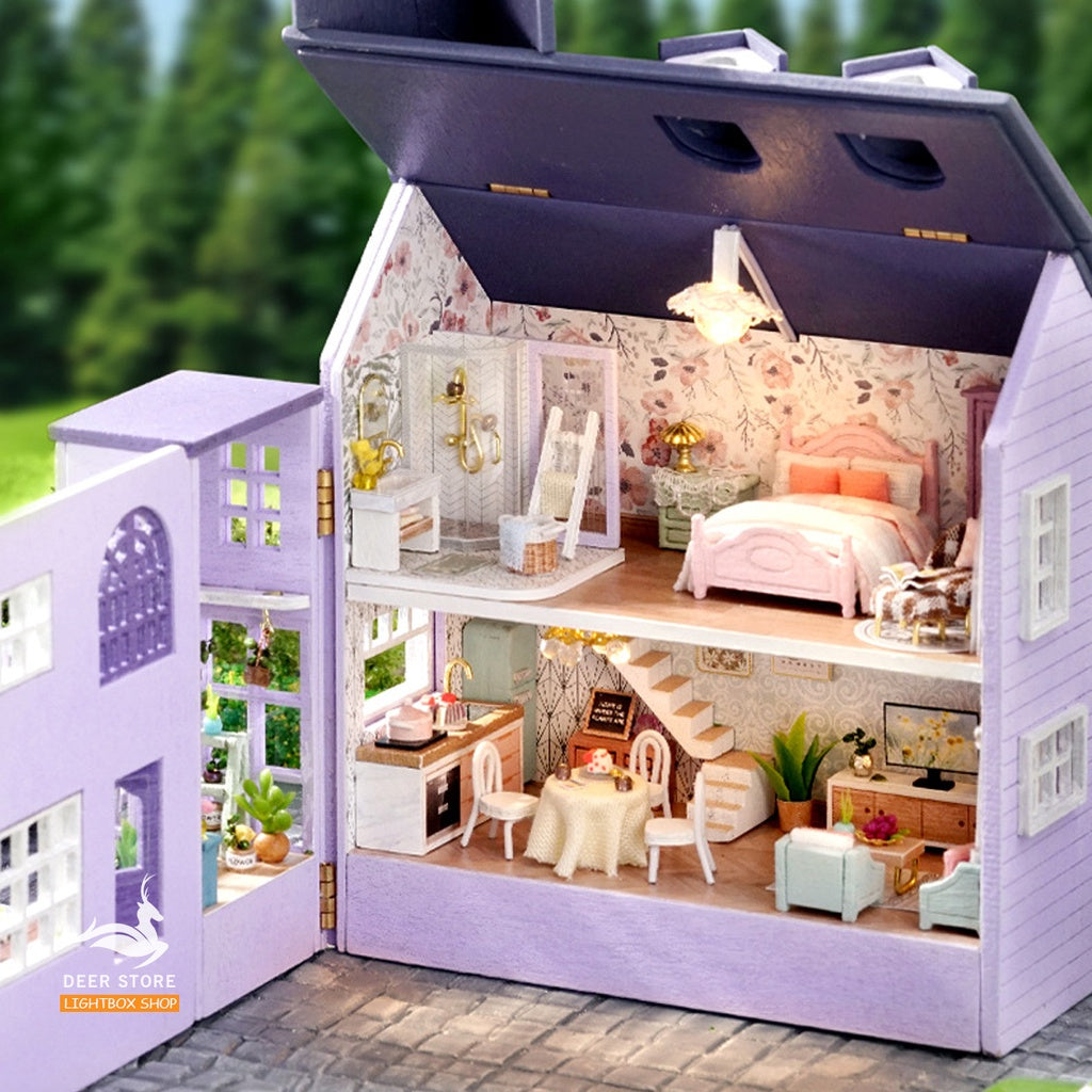 Nhà búp bê Mini diy tự làm Tặng KEO DÁN.  Mô hình Nhà Gỗ 3d Có đèn led và nội thất D031- D032