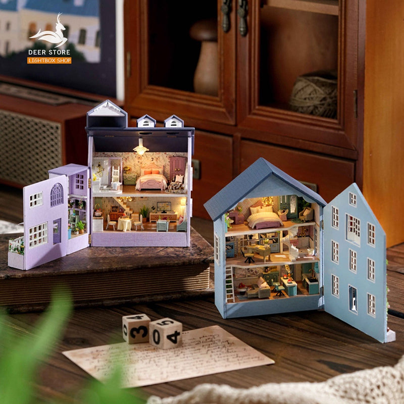 Nhà búp bê Mini diy tự làm Tặng KEO DÁN.  Mô hình Nhà Gỗ 3d Có đèn led và nội thất D031- D032