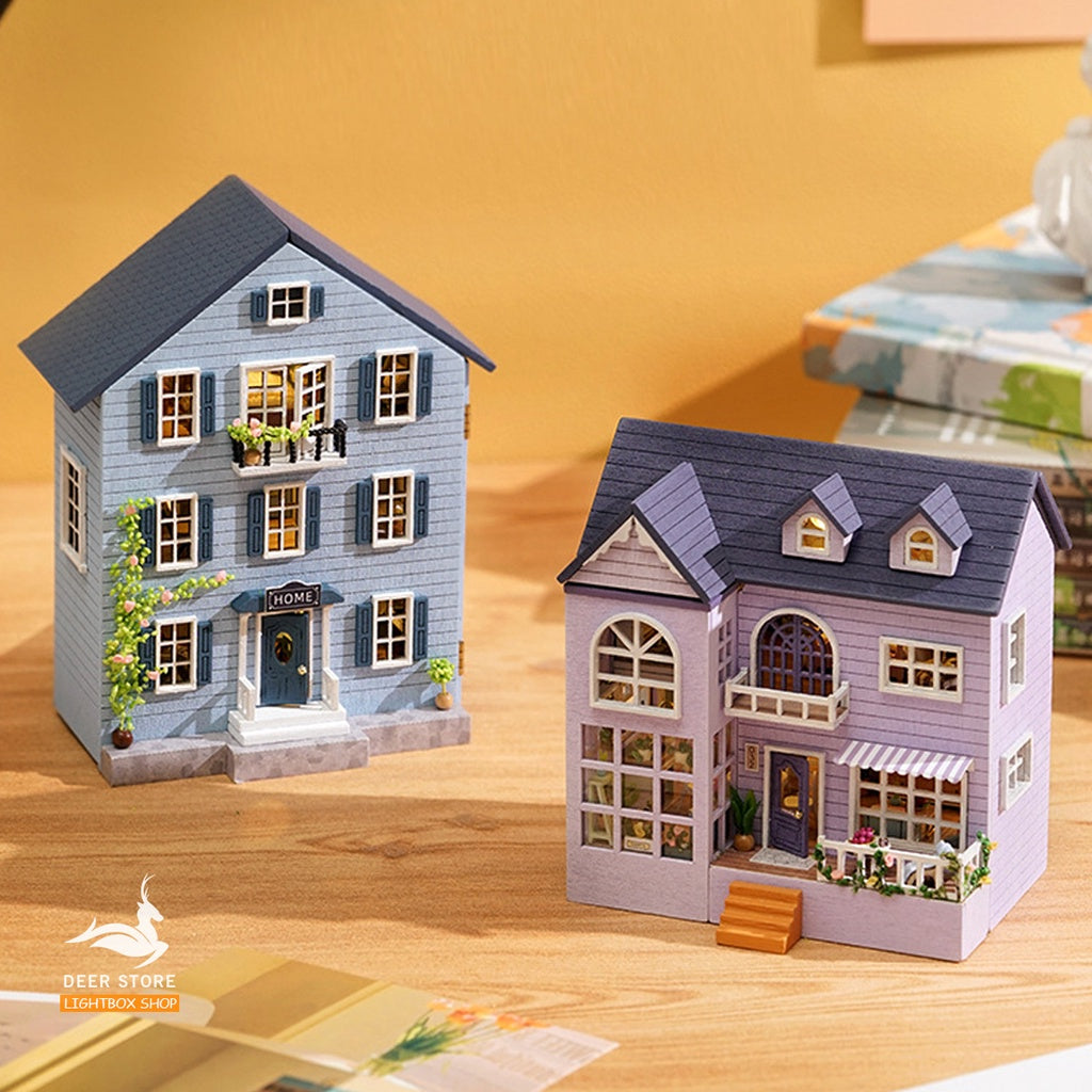 Nhà búp bê Mini diy tự làm Tặng KEO DÁN.  Mô hình Nhà Gỗ 3d Có đèn led và nội thất D031- D032