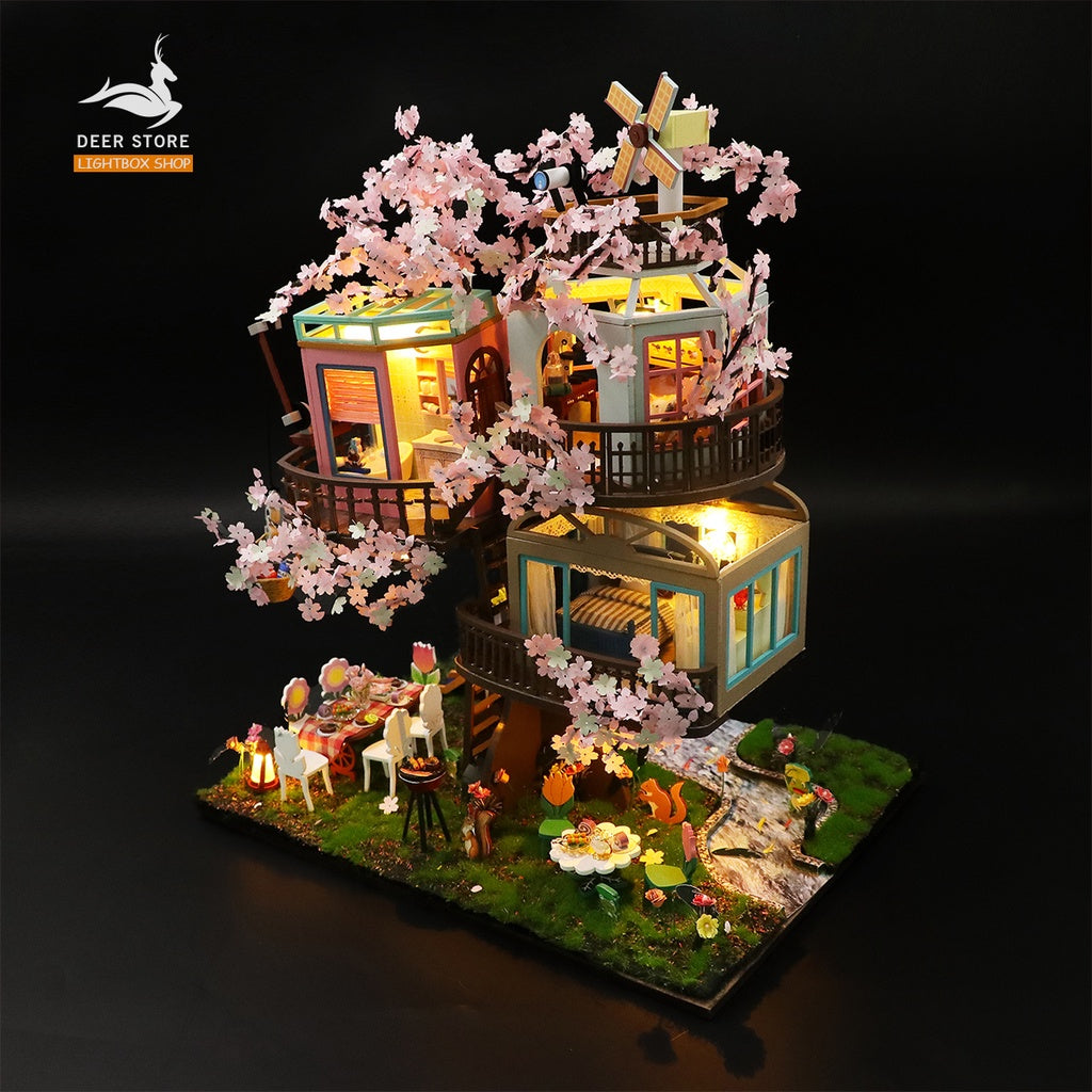 Ngôi nhà búp bê trên Cây Anh Đào diy tự làm. Tặng KEO DÁN Và Dụng Cụ. Mô hình Nhà Gỗ 3d Sakura Tree House L2221