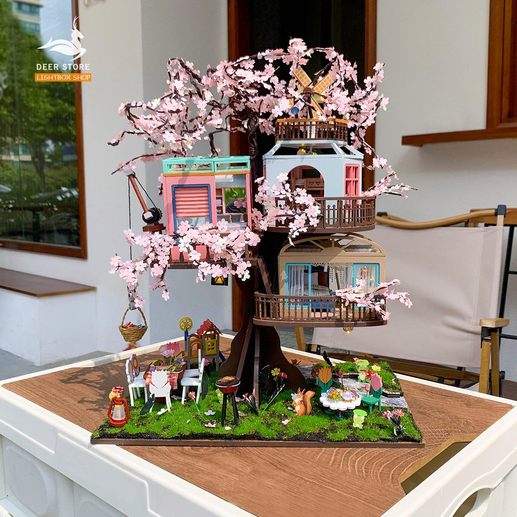 Ngôi nhà búp bê trên Cây Anh Đào diy tự làm. Tặng KEO DÁN Và Dụng Cụ. Mô hình Nhà Gỗ 3d Sakura Tree House L2221