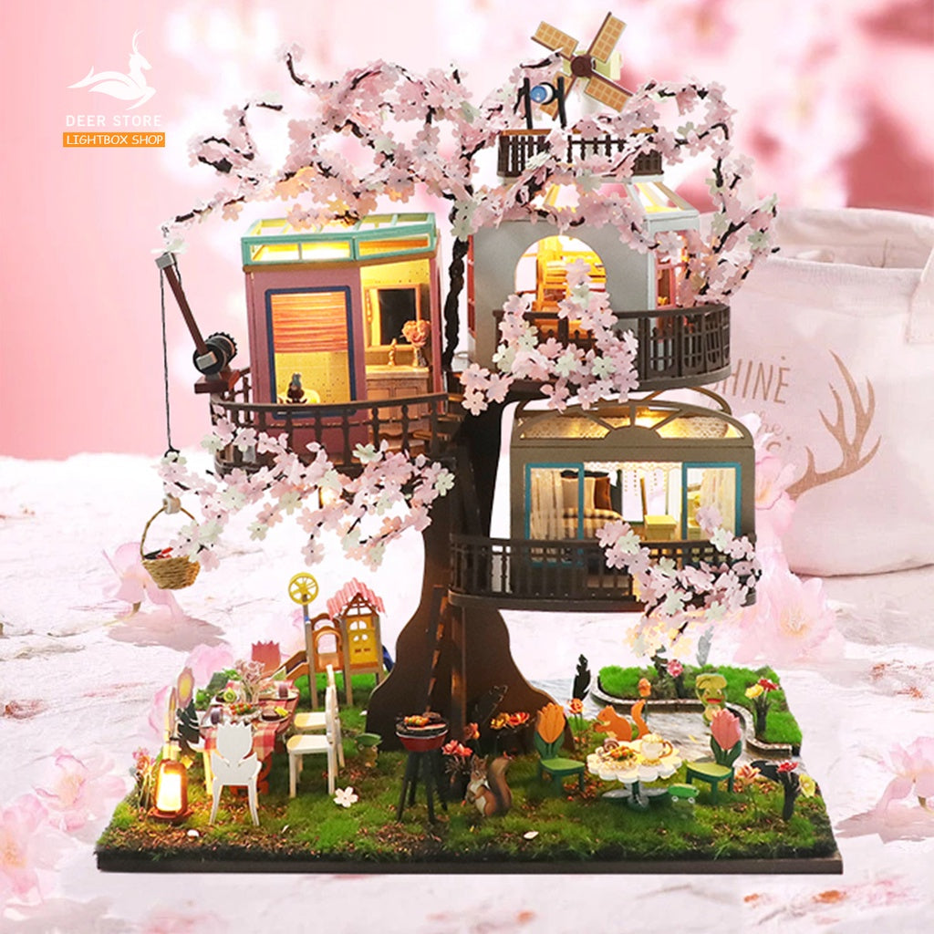Ngôi nhà búp bê trên Cây Anh Đào diy tự làm. Tặng KEO DÁN Và Dụng Cụ. Mô hình Nhà Gỗ 3d Sakura Tree House L2221