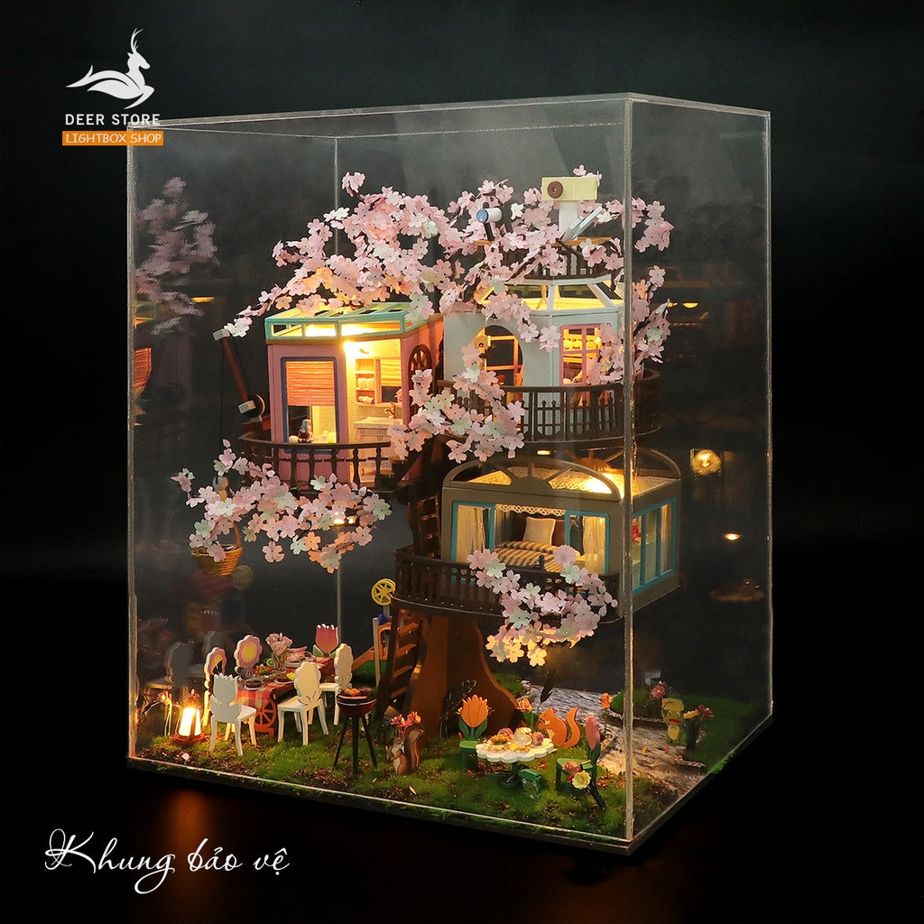 Ngôi nhà búp bê trên Cây Anh Đào diy tự làm. Tặng KEO DÁN Và Dụng Cụ. Mô hình Nhà Gỗ 3d Sakura Tree House L2221