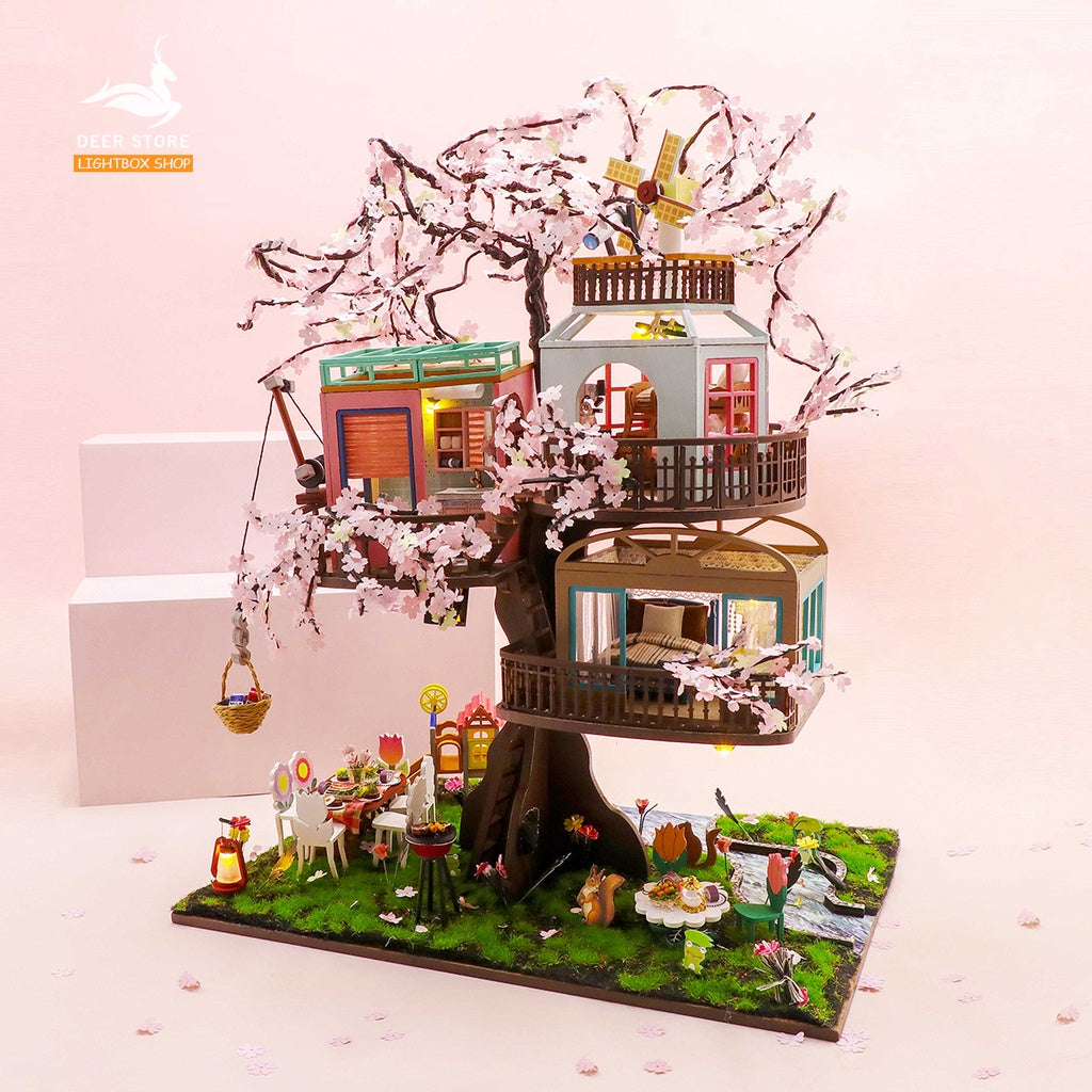 Ngôi nhà búp bê trên Cây Anh Đào diy tự làm. Tặng KEO DÁN Và Dụng Cụ. Mô hình Nhà Gỗ 3d Sakura Tree House L2221