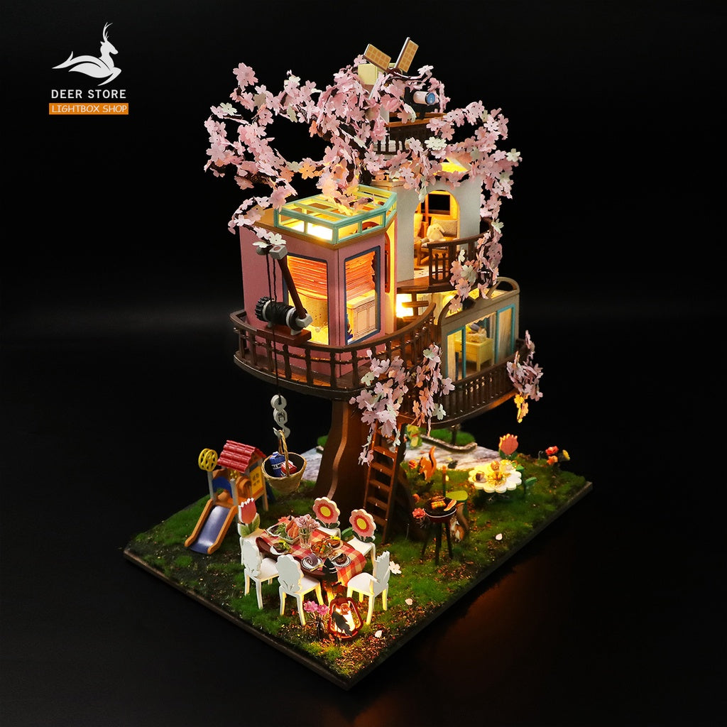 Ngôi nhà búp bê trên Cây Anh Đào diy tự làm. Tặng KEO DÁN Và Dụng Cụ. Mô hình Nhà Gỗ 3d Sakura Tree House L2221