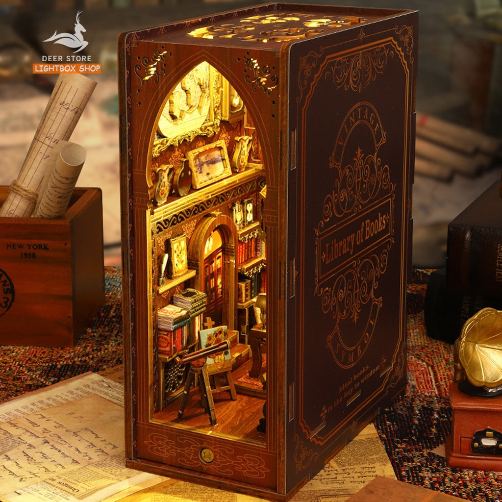 Mô hình Book nook trang trí kiểu Thư viện. Vintage Library Of Books. SL006 Nhà búp bê bằng gỗ 3d. Tặng Dụng cụ và Keo
