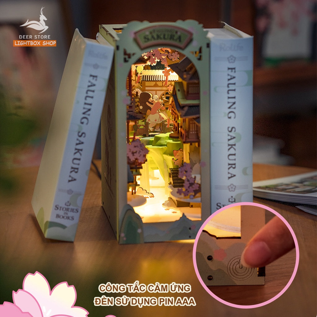 [Tiếng Anh] Mô hình 3D Book Nook Robotime DIY bằng gỗ. Booknook Sakura Holidays. Falling Sakura DIY Book Nook. TGB05