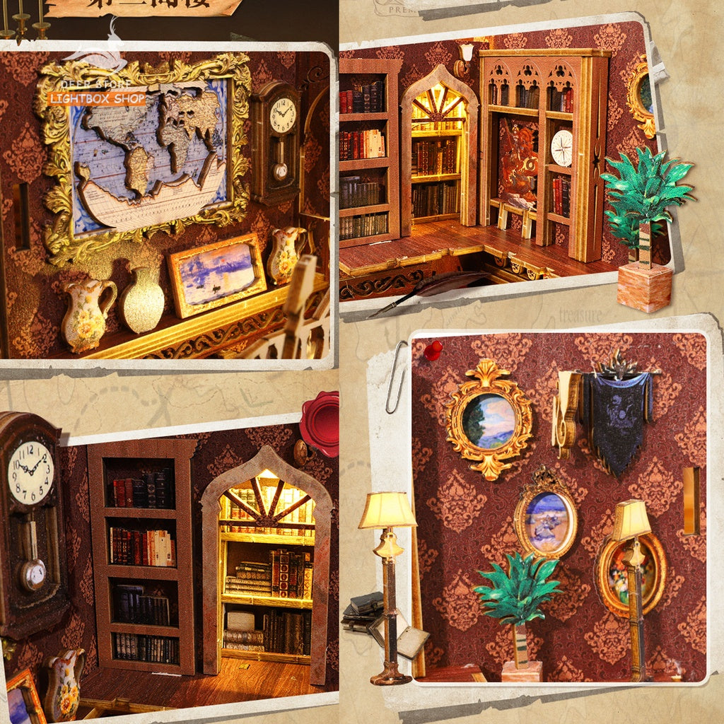 Mô hình Book nook trang trí kiểu Thư viện. Vintage Library Of Books. SL006 Nhà búp bê bằng gỗ 3d. Tặng Dụng cụ và Keo