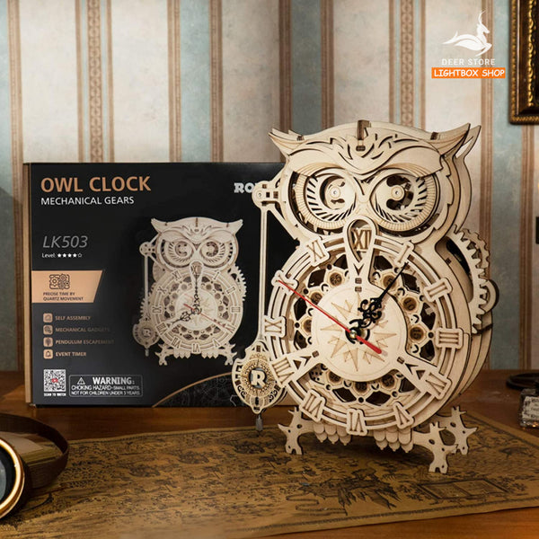 [Bản Tiếng Anh] Mô hình Robotime Tự lắp ráp. ROKR Owl Clock 3D Wooden Puzzle LK503. Động Cơ Học Đồng Hồ Con Cú Mèo