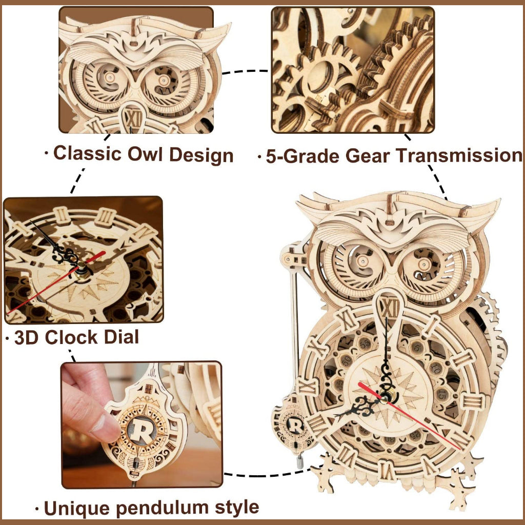 [Bản Tiếng Anh] Mô hình Robotime Tự lắp ráp. ROKR Owl Clock 3D Wooden Puzzle LK503. Động Cơ Học Đồng Hồ Con Cú Mèo