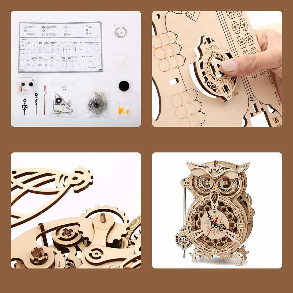 [Bản Tiếng Anh] Mô hình Robotime Tự lắp ráp. ROKR Owl Clock 3D Wooden Puzzle LK503. Động Cơ Học Đồng Hồ Con Cú Mèo