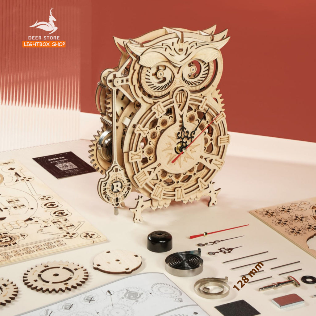 [Bản Tiếng Anh] Mô hình Robotime Tự lắp ráp. ROKR Owl Clock 3D Wooden Puzzle LK503. Động Cơ Học Đồng Hồ Con Cú Mèo