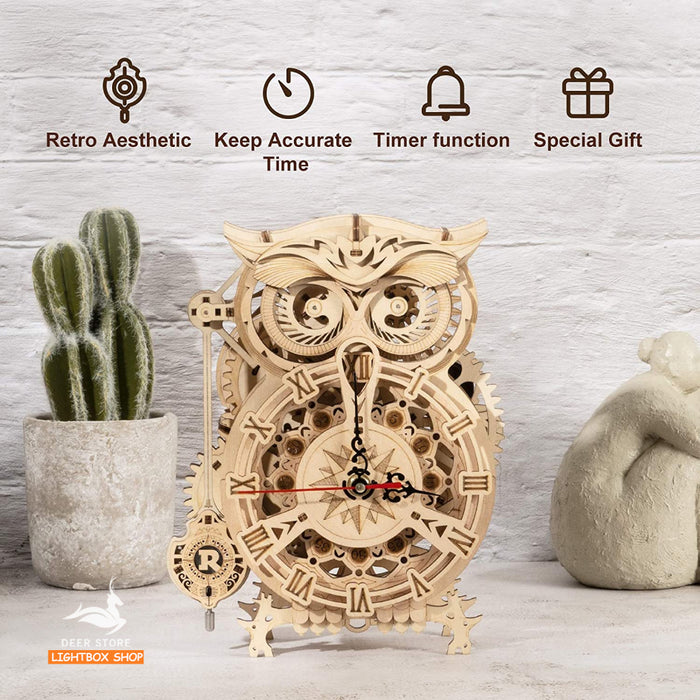 [Bản Tiếng Anh] Mô hình Robotime Tự lắp ráp. ROKR Owl Clock 3D Wooden Puzzle LK503. Động Cơ Học Đồng Hồ Con Cú Mèo