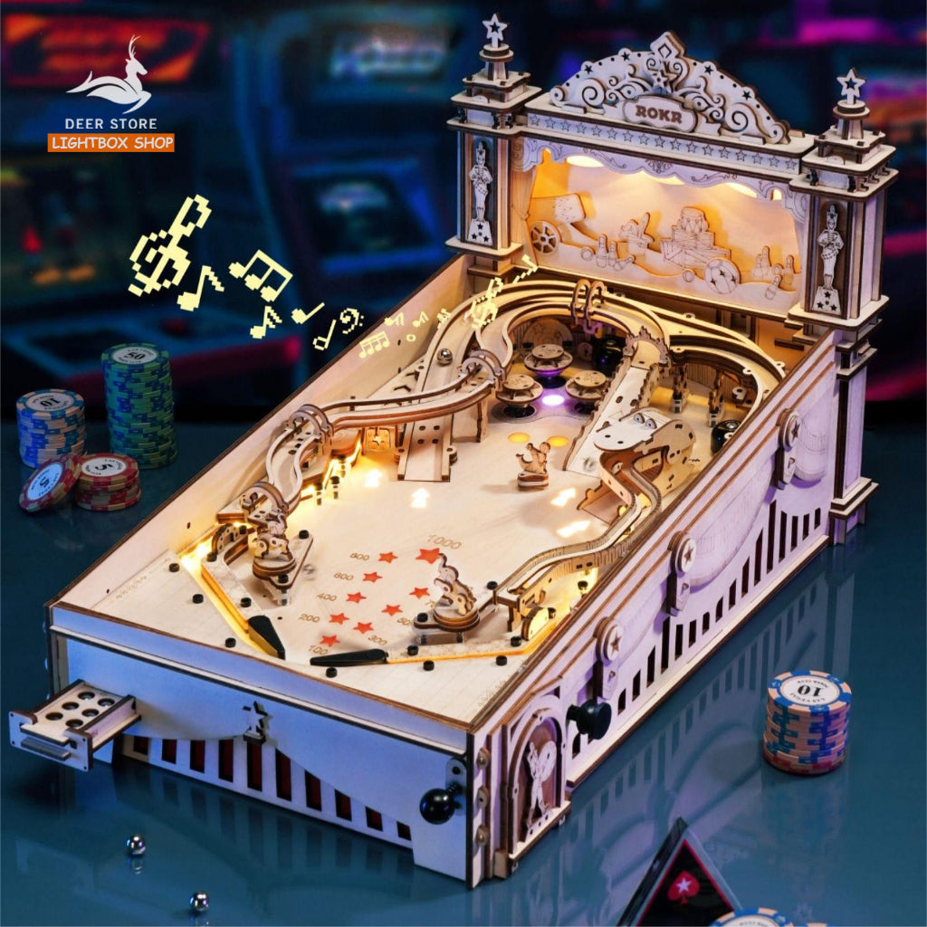 [Bản Tiếng Anh] Đồ chơi xếp hình bằng gỗ 3D ROBOTIME ROKR Pinball Machine EG01. Mô hình tự lắp ráp có Nhạc và Đèn