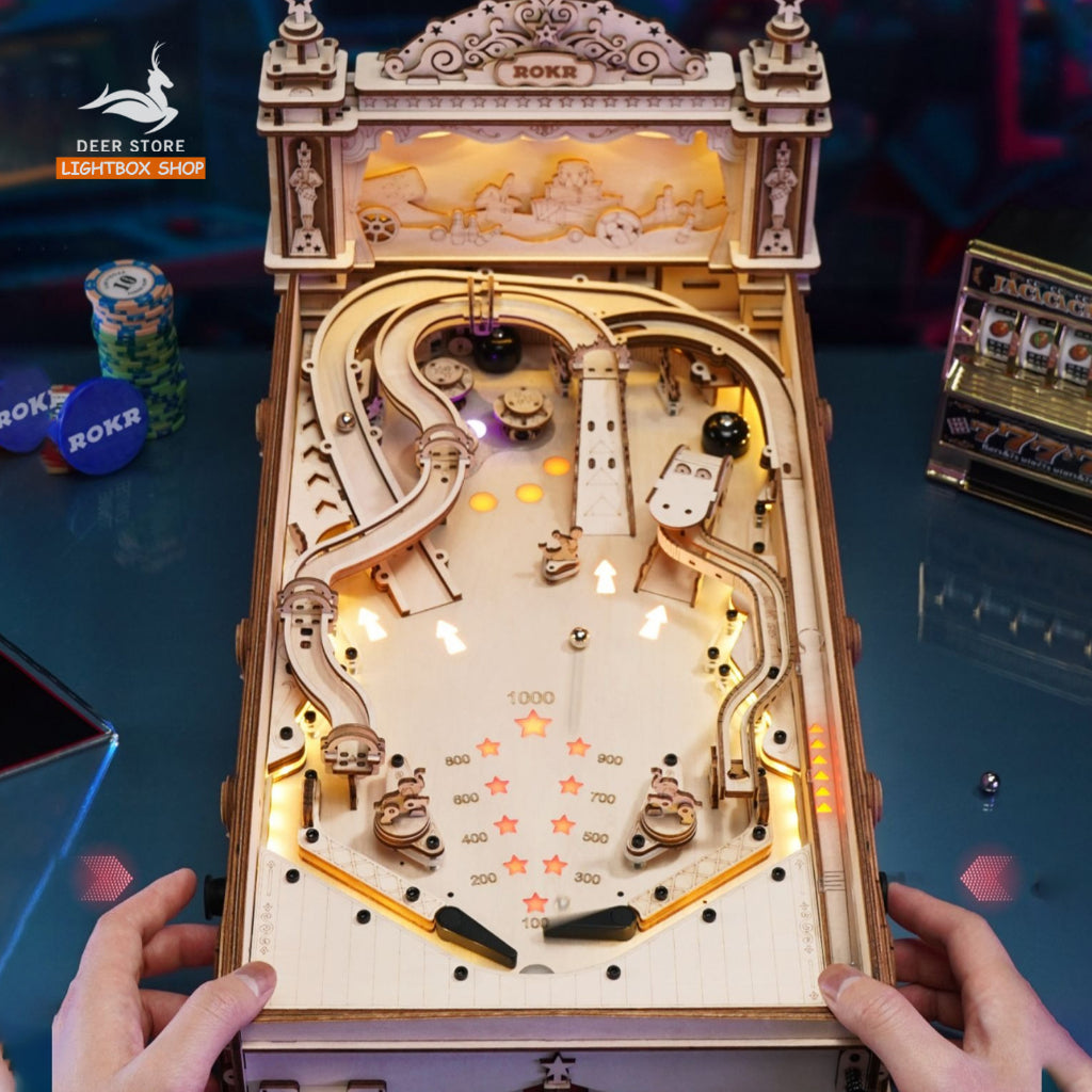 [Bản Tiếng Anh] Đồ chơi xếp hình bằng gỗ 3D ROBOTIME ROKR Pinball Machine EG01. Mô hình tự lắp ráp có Nhạc và Đèn