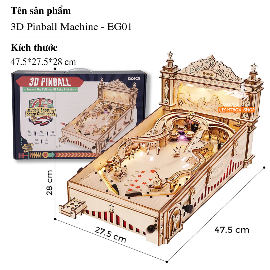 [Bản Tiếng Anh] Đồ chơi xếp hình bằng gỗ 3D ROBOTIME ROKR Pinball Machine EG01. Mô hình tự lắp ráp có Nhạc và Đèn