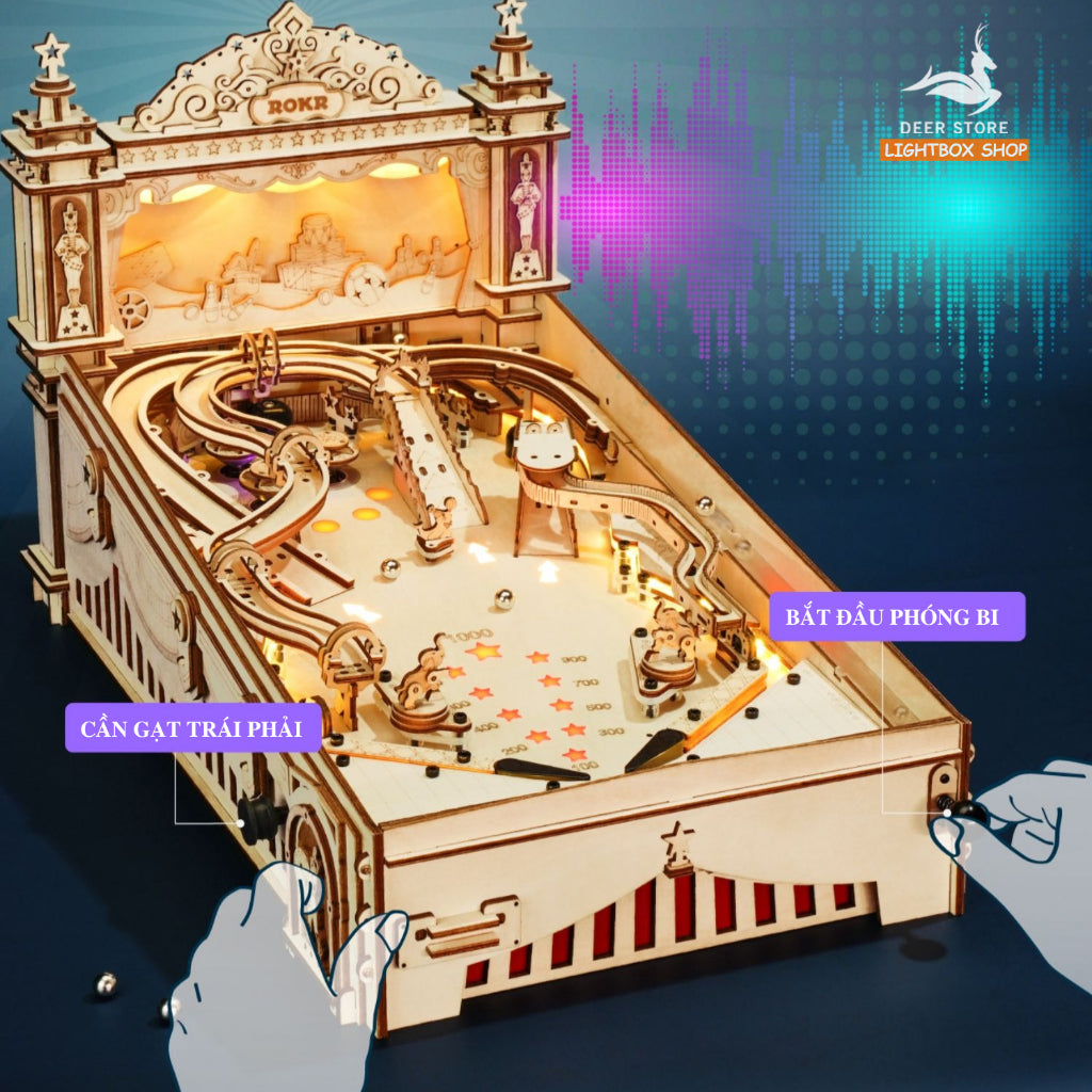 [Bản Tiếng Anh] Đồ chơi xếp hình bằng gỗ 3D ROBOTIME ROKR Pinball Machine EG01. Mô hình tự lắp ráp có Nhạc và Đèn