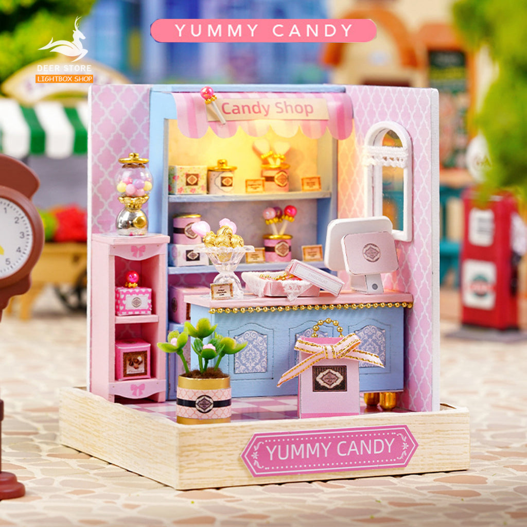 Mô hình Nhà Búp Bê mini tự làm bằng gỗ Corner Of Happines. Tặng KEO DÁN và MICA CHE BỤI. QT041. Nhà diy có đèn led.