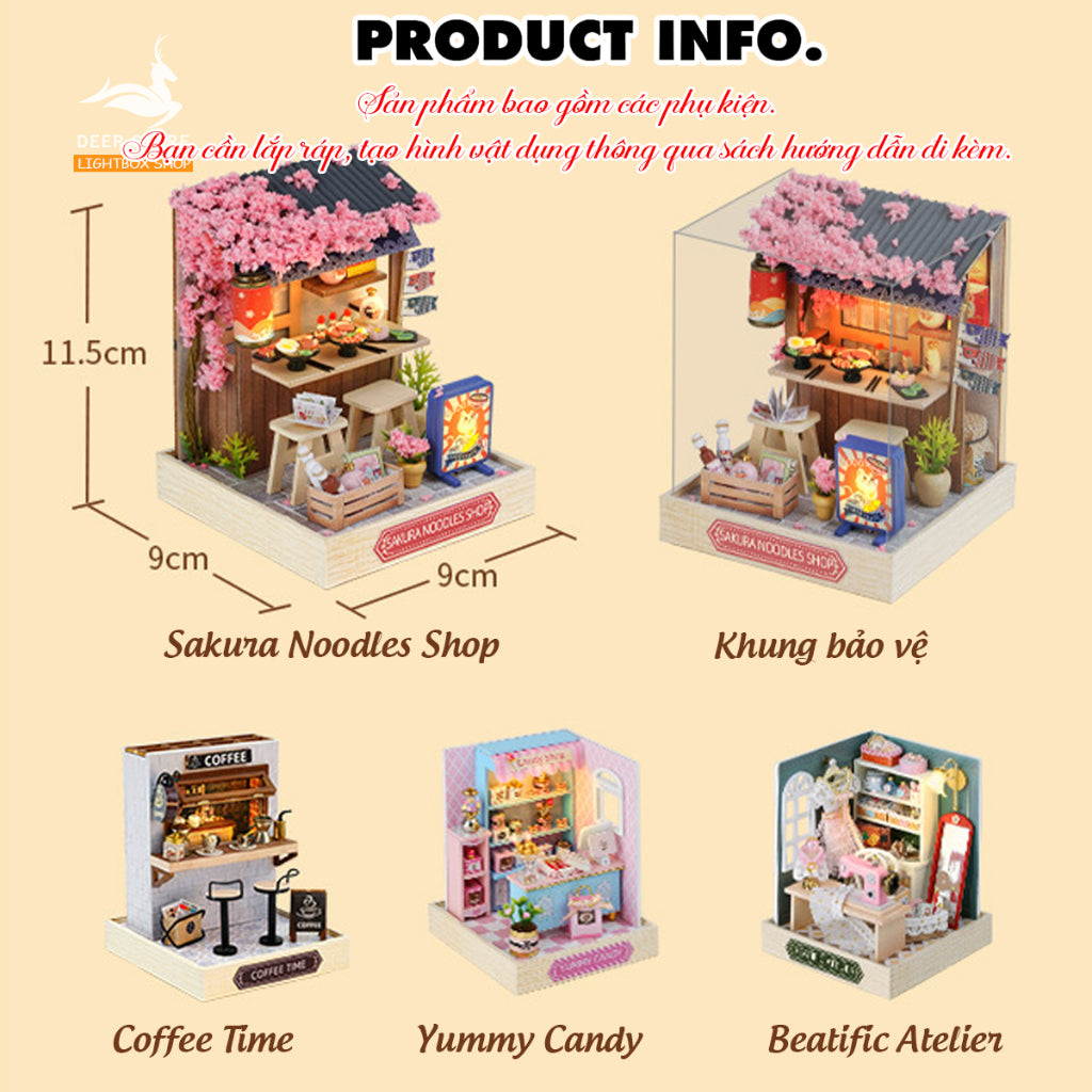 Mô hình Nhà Búp Bê mini tự làm bằng gỗ Corner Of Happines. Tặng KEO DÁN và MICA CHE BỤI. QT041. Nhà diy có đèn led.
