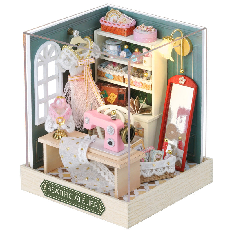 Mô hình Nhà Búp Bê mini tự làm bằng gỗ Corner Of Happines. Tặng KEO DÁN và MICA CHE BỤI. QT041. Nhà diy có đèn led.
