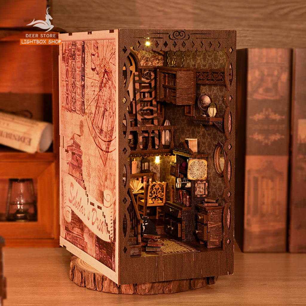 Mô hình Book nook Scholart's Dream Trang trí giá sách. Phong cách Vintage. SL-09 Mô hình nhà búp bê bằng gỗ 3d có Đèn.