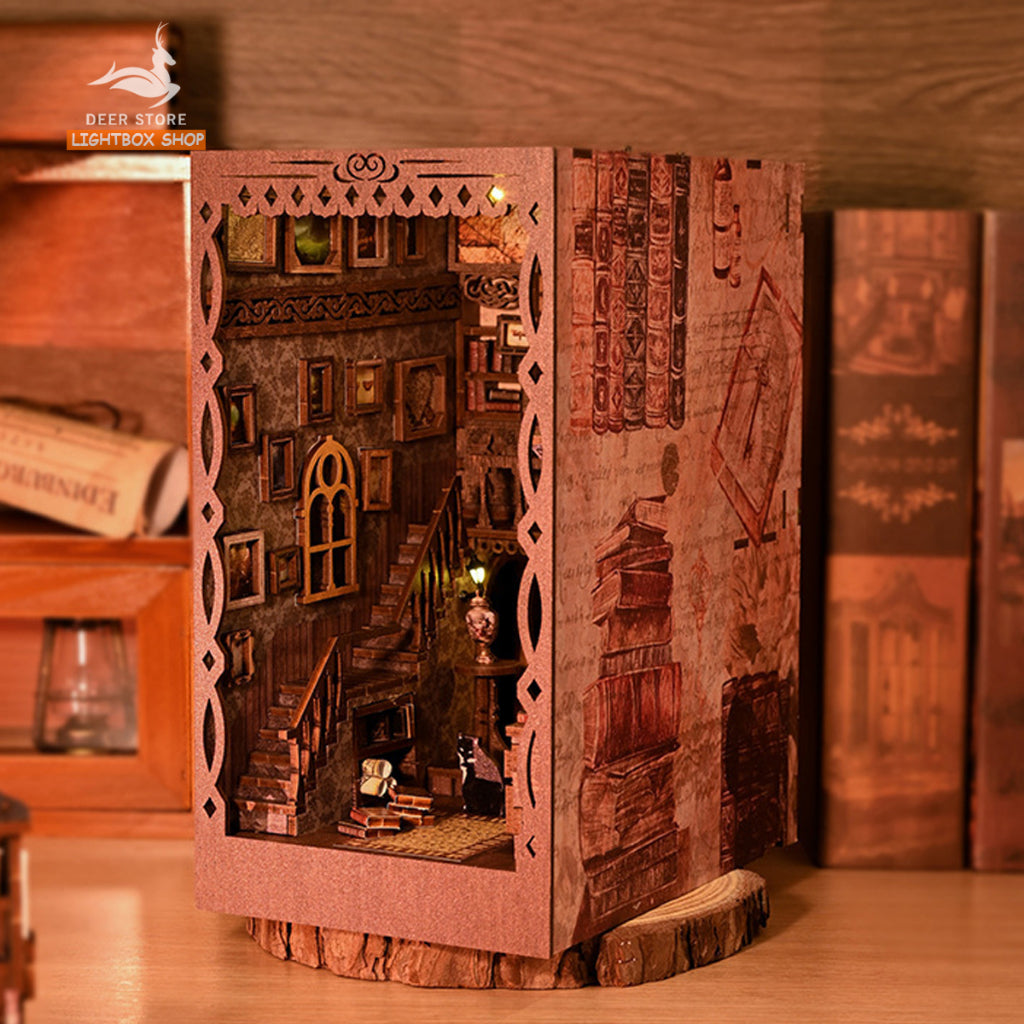 Mô hình Book nook Scholart's Dream Trang trí giá sách. Phong cách Vintage. SL-09 Mô hình nhà búp bê bằng gỗ 3d có Đèn.