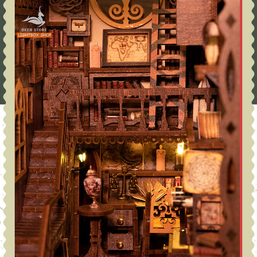 Mô hình Book nook Scholart's Dream Trang trí giá sách. Phong cách Vintage. SL-09 Mô hình nhà búp bê bằng gỗ 3d có Đèn.