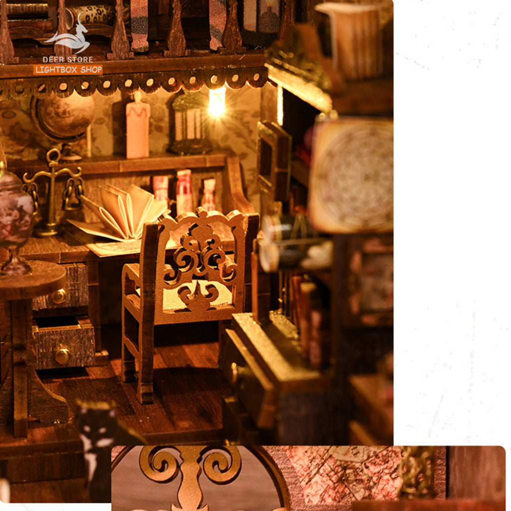 Mô hình Book nook Scholart's Dream Trang trí giá sách. Phong cách Vintage. SL-09 Mô hình nhà búp bê bằng gỗ 3d có Đèn.