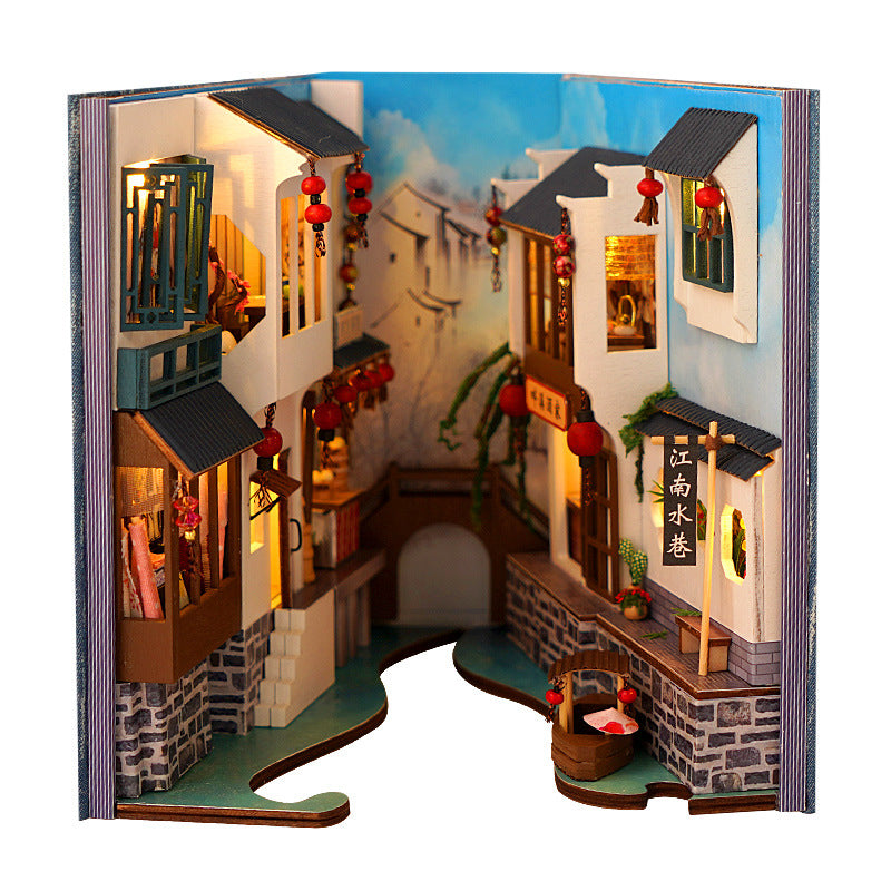 Mô hình BOOK NOOK. Tặng MICA CHE BỤI, KEO DÁN, Có đèn led. Nhà búp bê gỗ DIY Trang Trí Kệ sách. Quà tặng ý Nghĩa