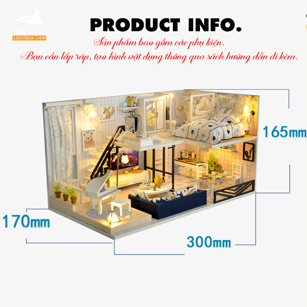 Nhà búp bê Tự làm bằng gỗ  [LIGHT SHADOW OF TIME + đèn LED ] Tặng kèm khung bảo vệ và dụng cụ keo. TD32