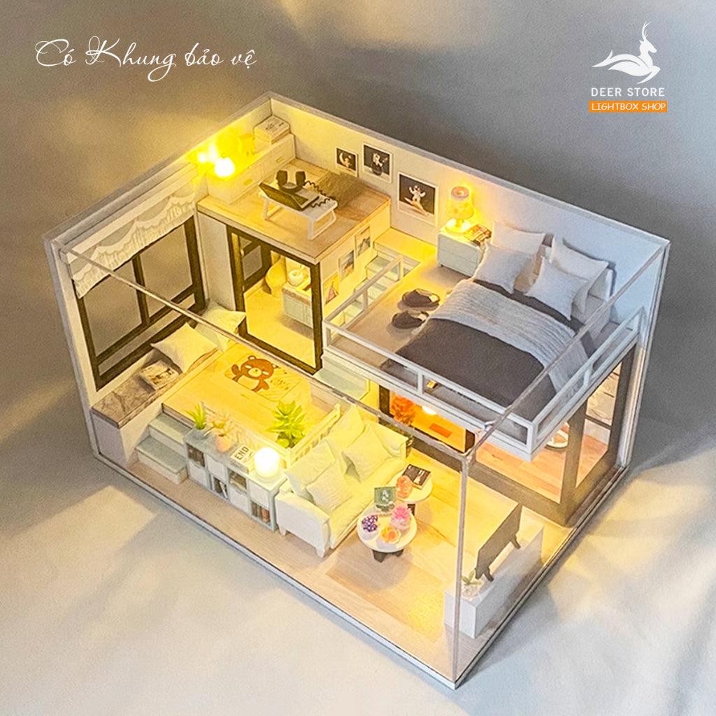 Mô hình nhà búp bê bằng gỗ DIY MY ROOM. Tặng DỤNG CỤ, CHE BỤI và 2 BÌNH KEO DÁN. Nhà gỗ tự làm có Nội Thật và Đèn Led