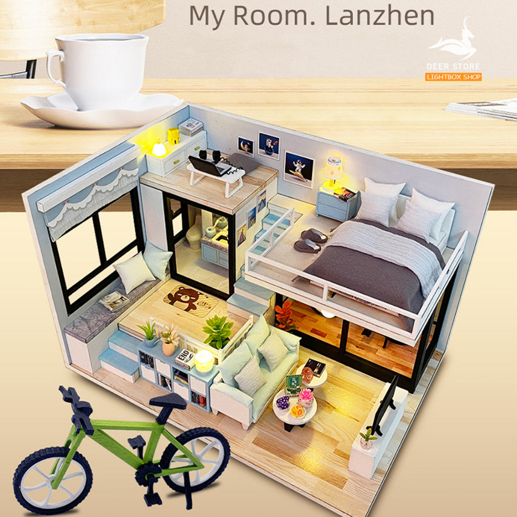 Mô hình nhà búp bê bằng gỗ DIY MY ROOM. Tặng DỤNG CỤ, CHE BỤI và 2 BÌNH KEO DÁN. Nhà gỗ tự làm có Nội Thật và Đèn Led
