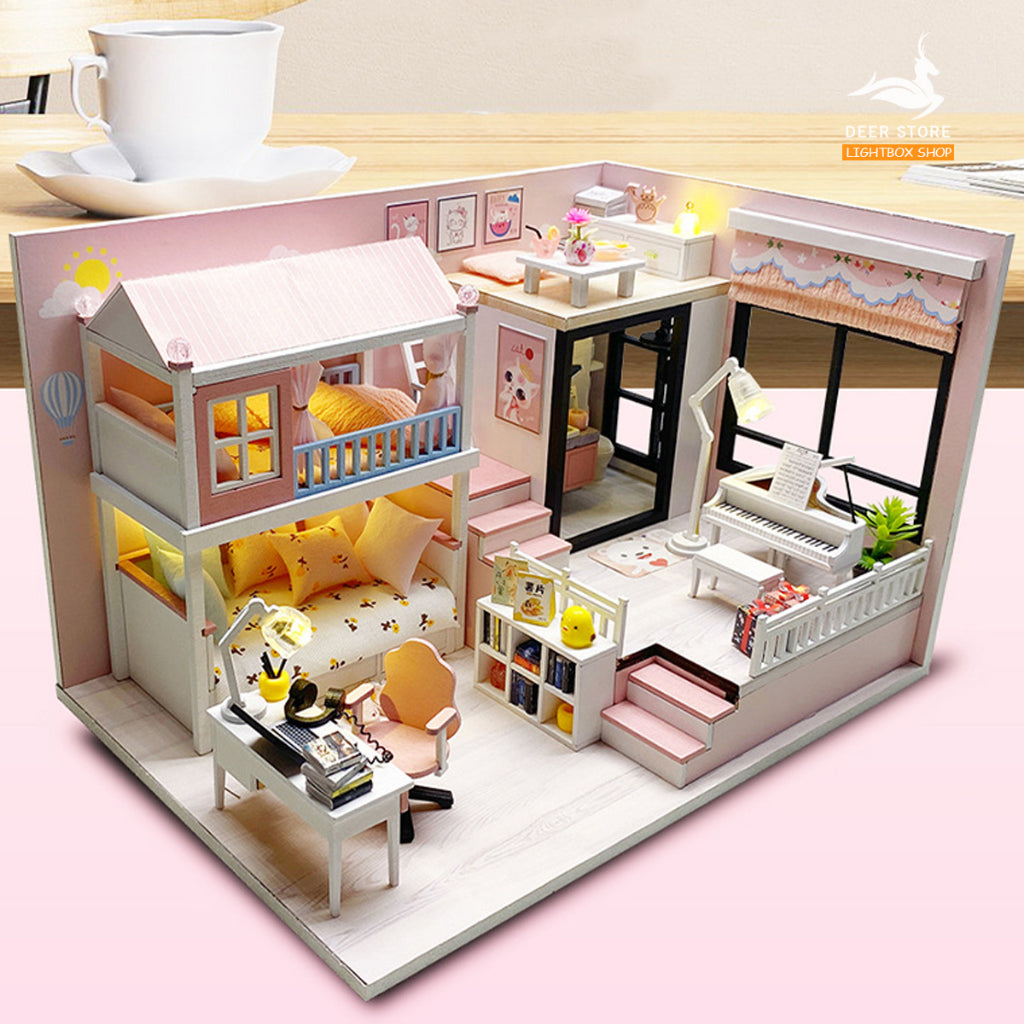 Mô hình nhà búp bê bằng gỗ DIY MY ROOM. Tặng DỤNG CỤ, CHE BỤI và 2 BÌNH KEO DÁN. Nhà gỗ tự làm có Nội Thật và Đèn Led