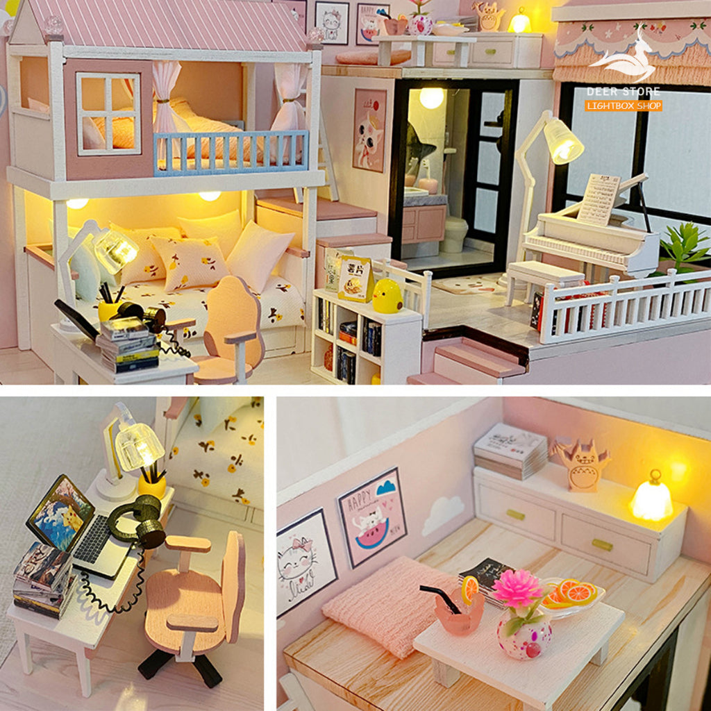 Mô hình nhà búp bê bằng gỗ DIY MY ROOM. Tặng DỤNG CỤ, CHE BỤI và 2 BÌNH KEO DÁN. Nhà gỗ tự làm có Nội Thật và Đèn Led