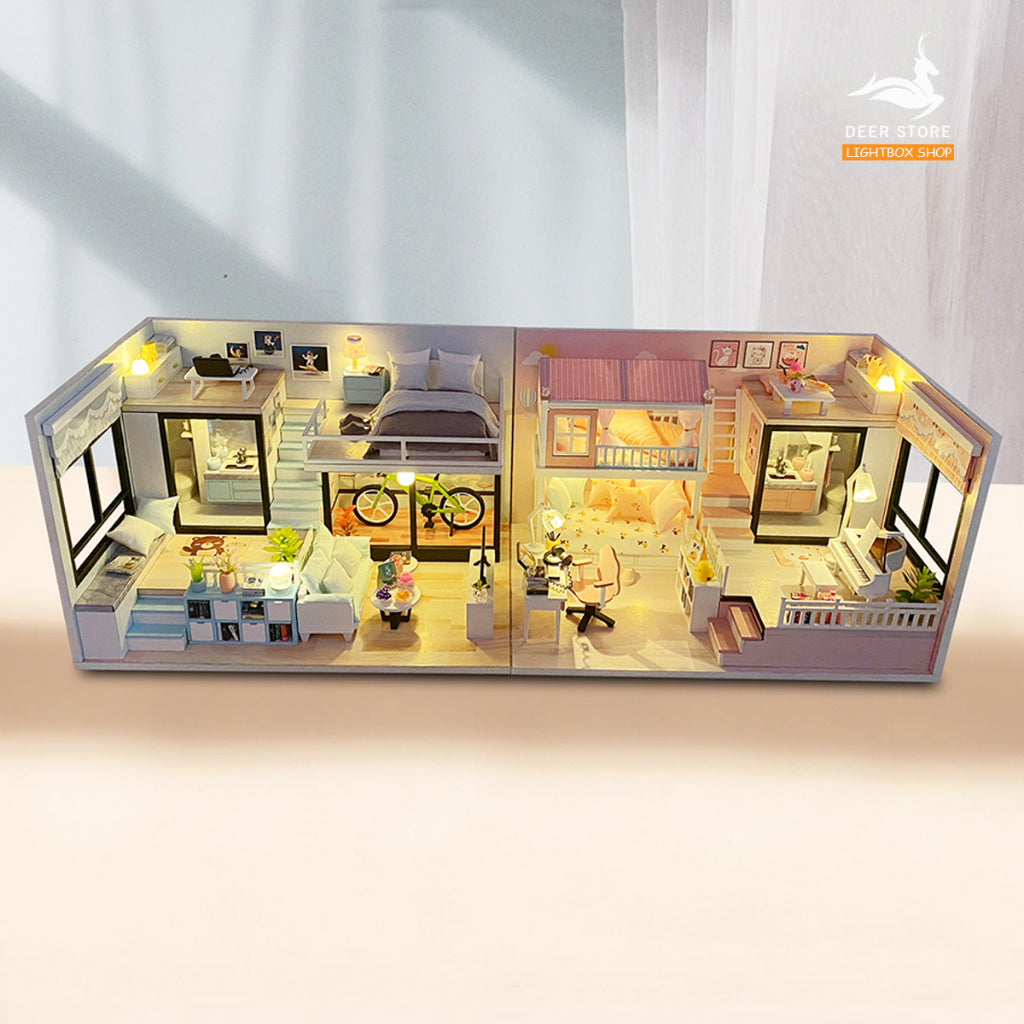 Mô hình nhà búp bê bằng gỗ DIY MY ROOM. Tặng DỤNG CỤ, CHE BỤI và 2 BÌNH KEO DÁN. Nhà gỗ tự làm có Nội Thật và Đèn Led